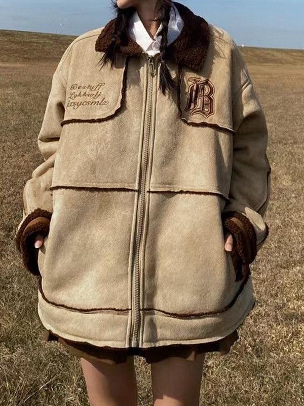 Lambswool Suede Splice Embroidered Zip Up Jacket Product Image