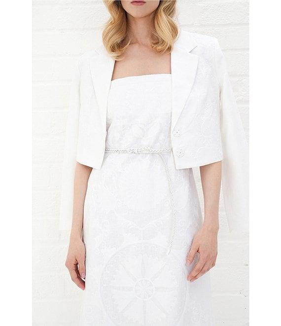 Le' AL.X Embroidered Linen Notch Lapel Long Sleeve Button Front Cropped Coordinating Blazer Product Image