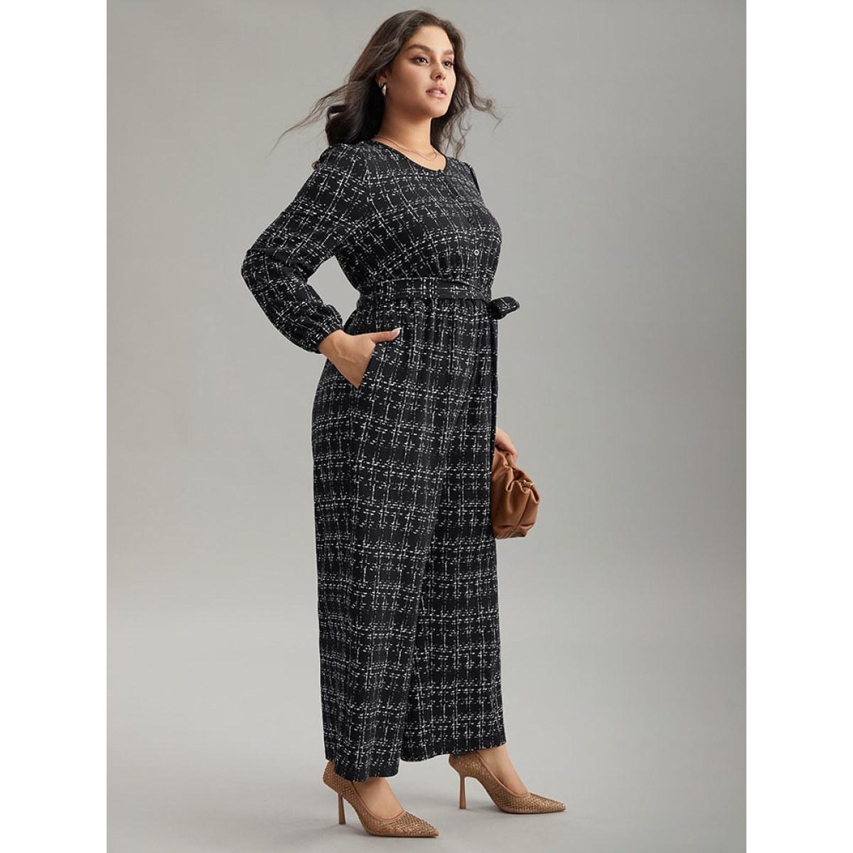 Plus Size Black Textured Button Up Elastic Waist Belted Jumpsuit Women Office Long Sleeve Round Neck Work Loose Jumpsuits BloomChic 18-20/2X Product Image