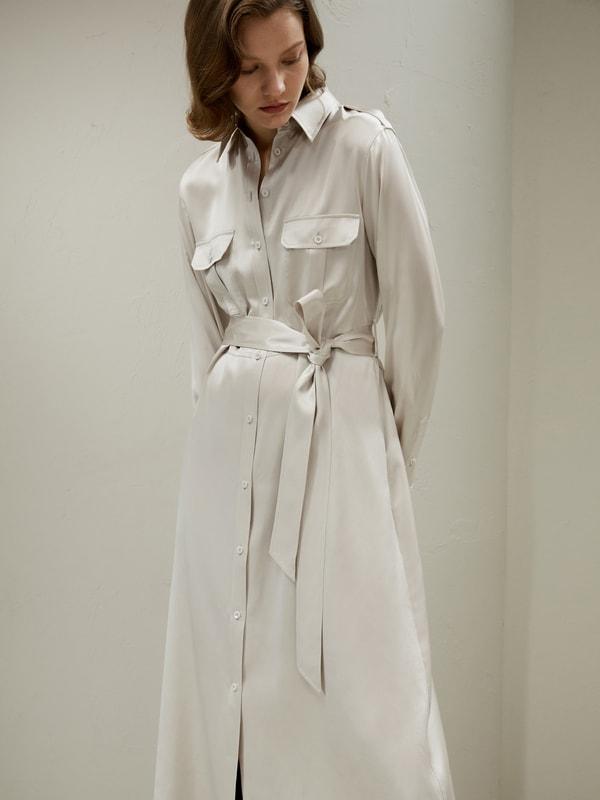 Trench-Style Silk Midi Shirt Dress Product Image