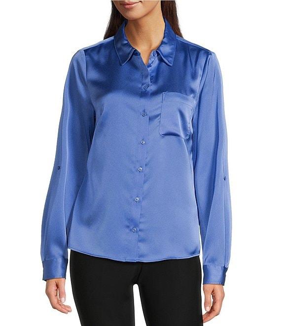 DKNY By Donna Karan Satin Crepe De Chine Point Collar Roll-Tab Sleeve Button-Front Shirt Product Image