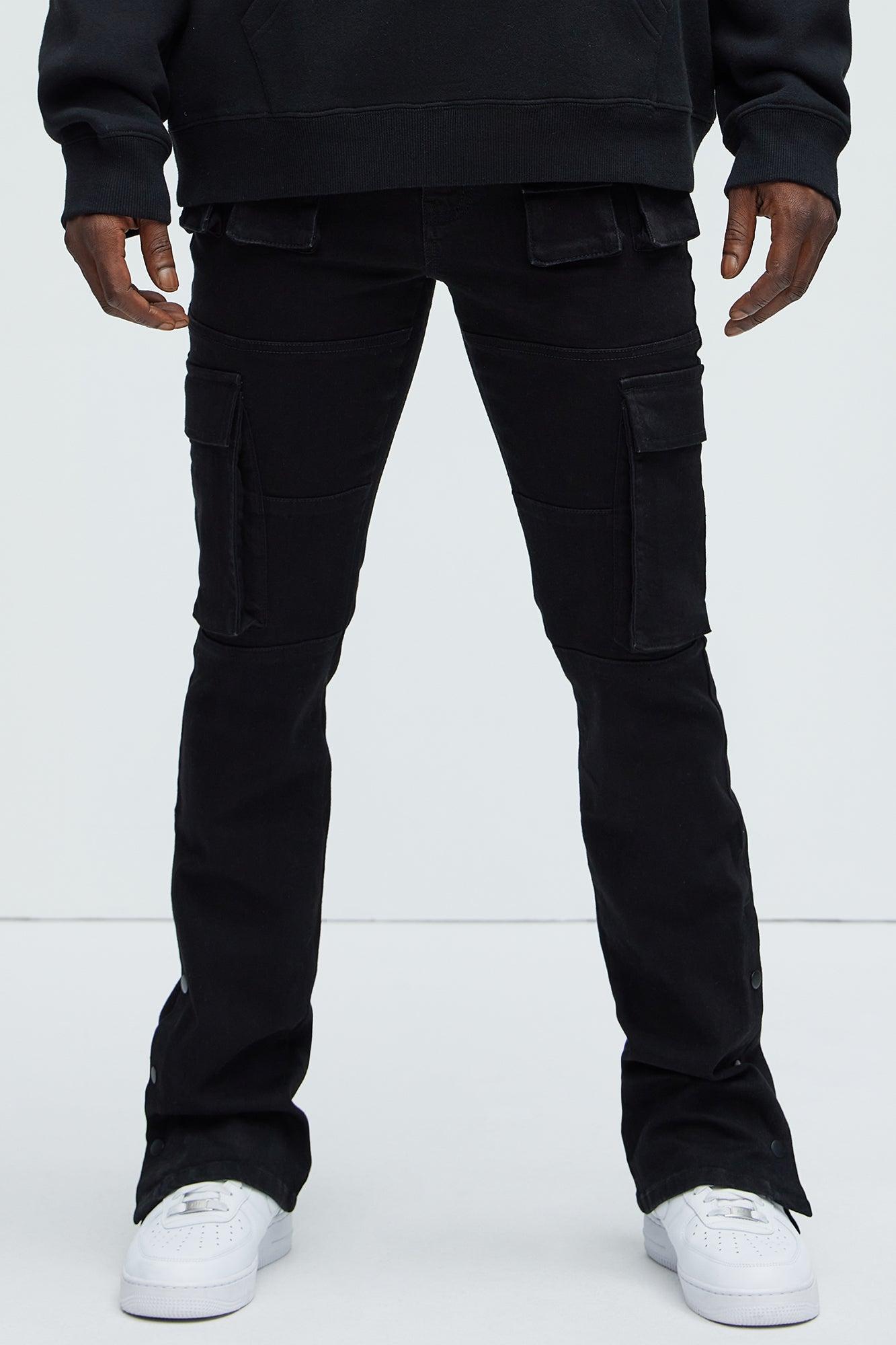 Snap At It Cargo Stacked Skinny Flare Jeans - Black Product Image