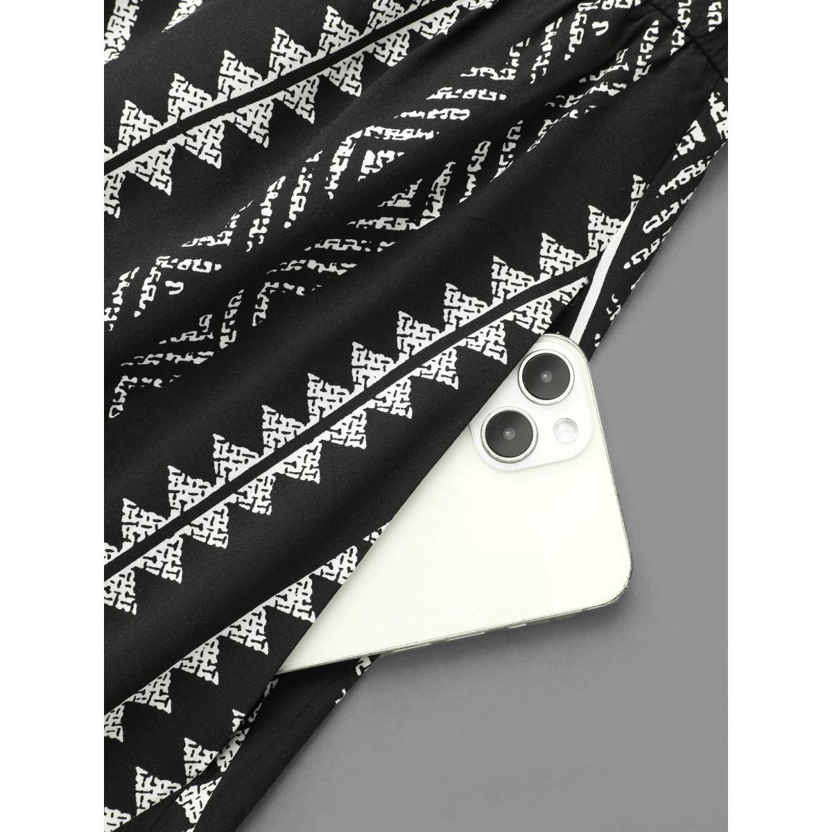 Plus Size Geo Print Stretchy-Waist Tiered Skirt Midi Dress BlackFlower Women Resort Non Flat collar with V-notch Elbow-length sleeve Curvy BloomChic 30/6X Product Image