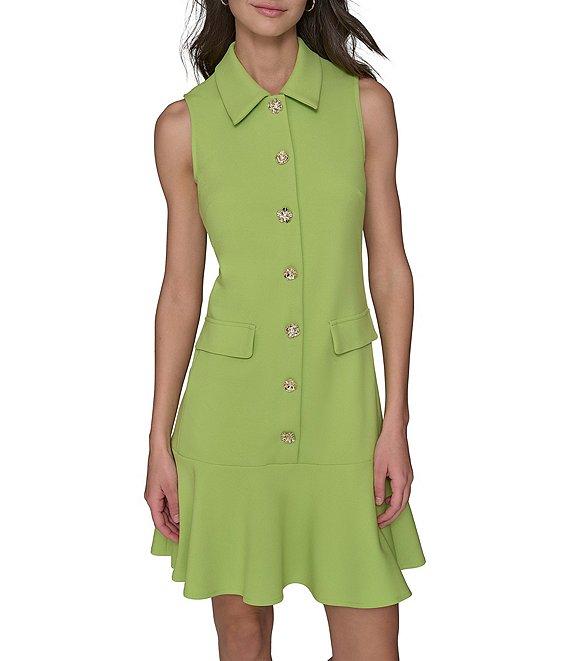 KARL LAGERFELD PARIS Scuba Crepe Point Collar Neck Sleeveless Button Front Shirt Mini Dress Product Image