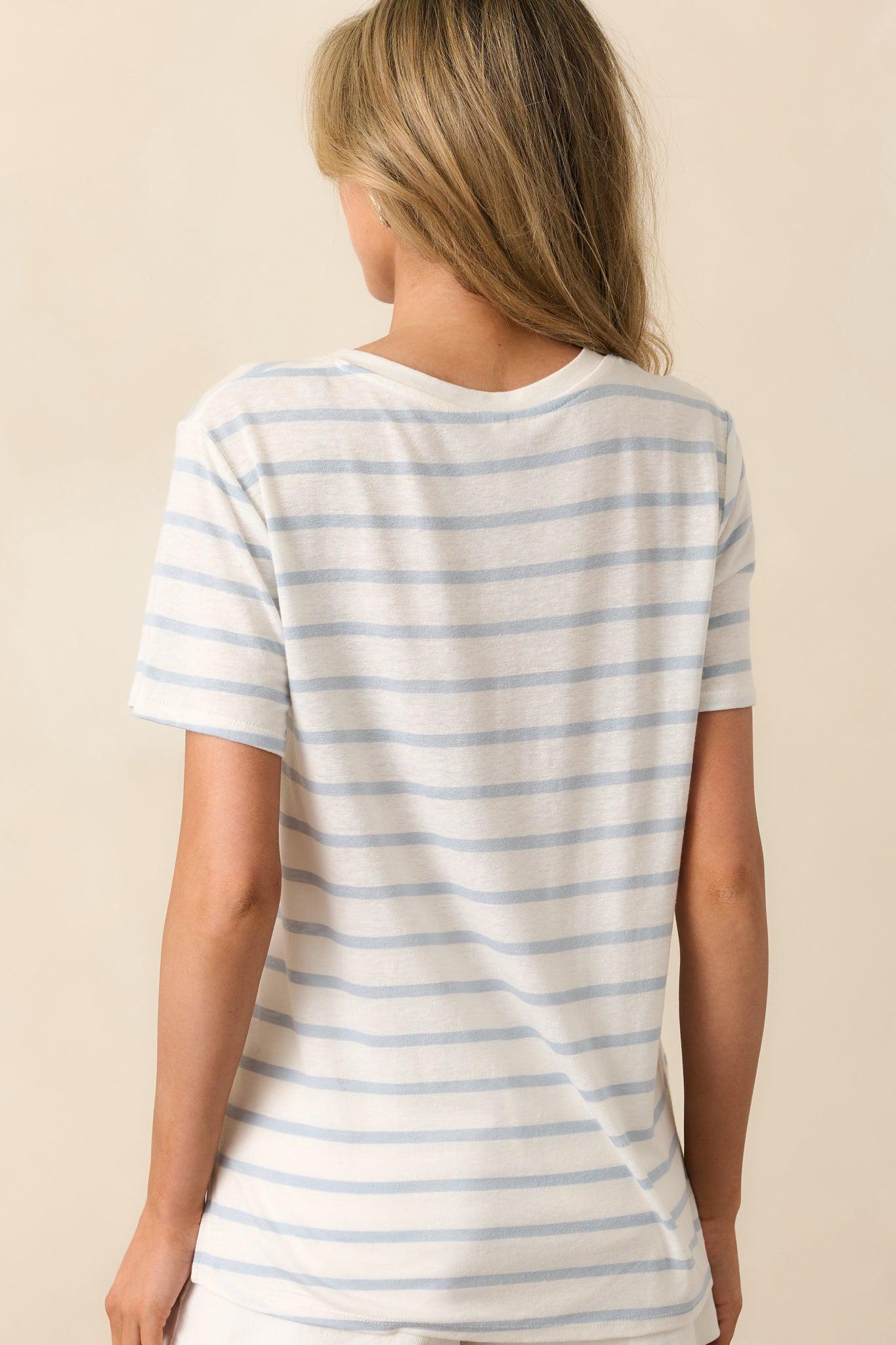 Comfort Zone Light Blue Stripe Short Sleeve V-Neck Tee Product Image