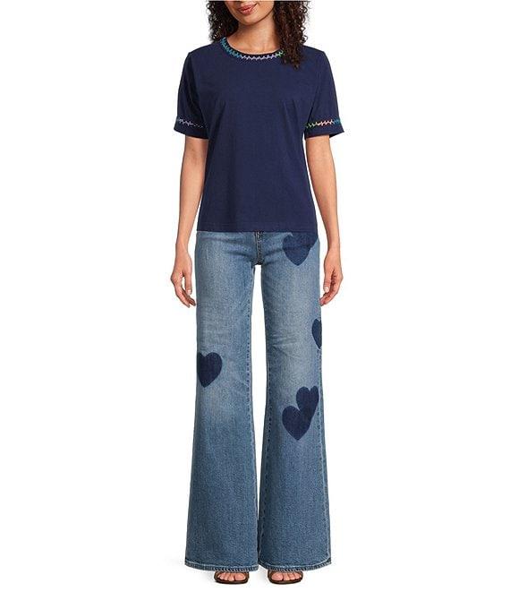 JOHNNY WAS Crochet Trim Crew Neck Short Sleeve Cotton Knit Tee Product Image