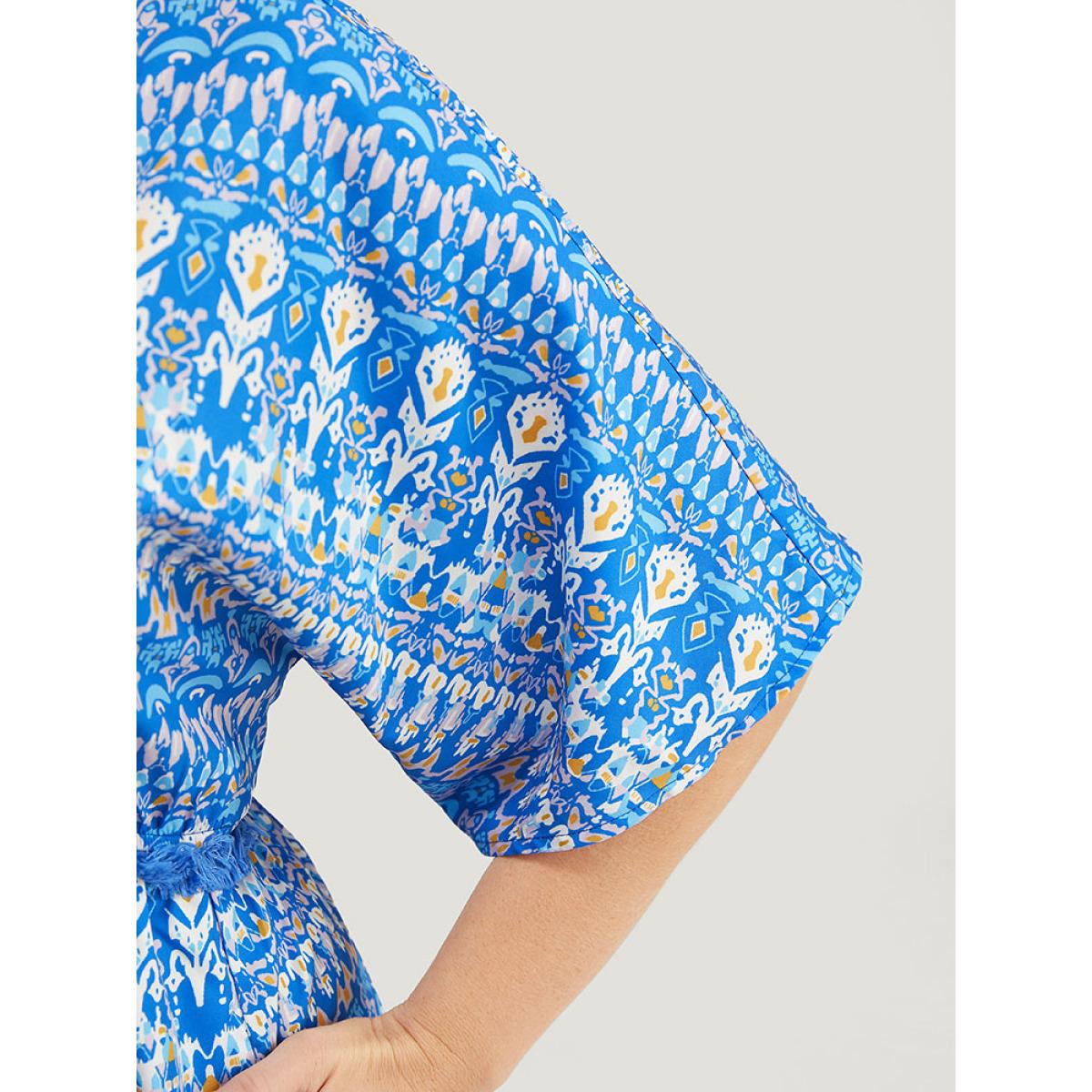 Plus Size Bandana Print Dolman Sleeve Knot Fringe Trim Split Dress Blue Women Vacation Tassels V-neck Short sleeve Curvy Midi Dress BloomChic 26/4X Product Image