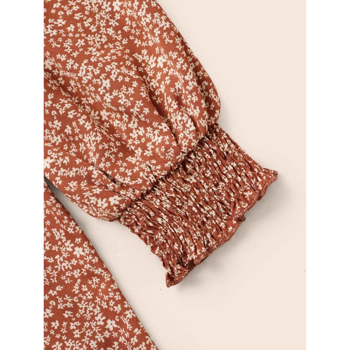 Plus Size Rust Ditsy Floral Ruffle Trim Shirred Blouse Women Elegant Long Sleeve V-neck Everyday Blouses BloomChic 12/L Product Image