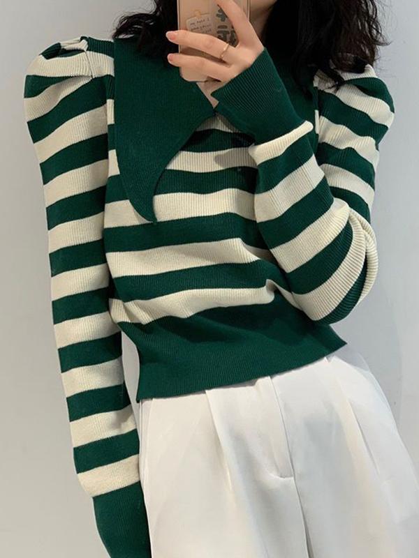 Striped Puff Sleeve Knit Sweater Product Image