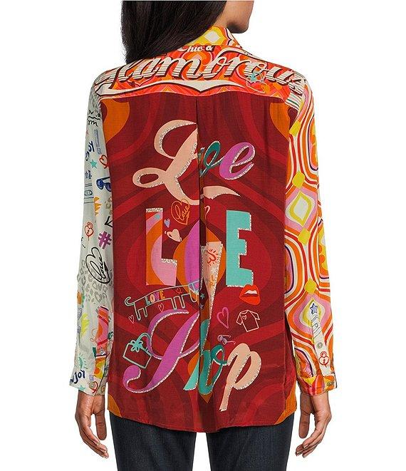 John Mark Woven Novelty Mix Print Point Collar Long Roll-Tab Sleeve Button-Front Tunic Product Image