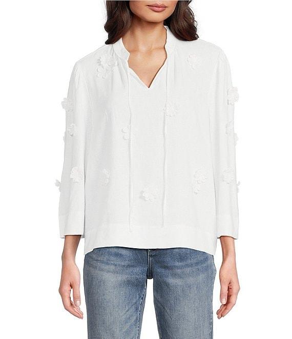 Tru Luxe Jeans Linen Blend Split Crew Neck 3/4 Sleeve Applique Flowers Blouse Product Image