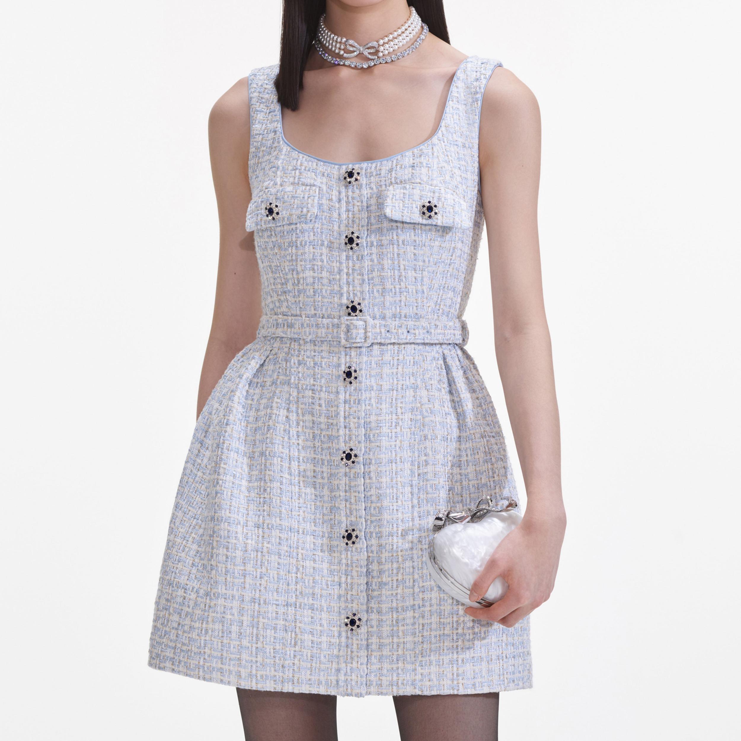 Blue Boucle Sleeveless Mini Dress Product Image