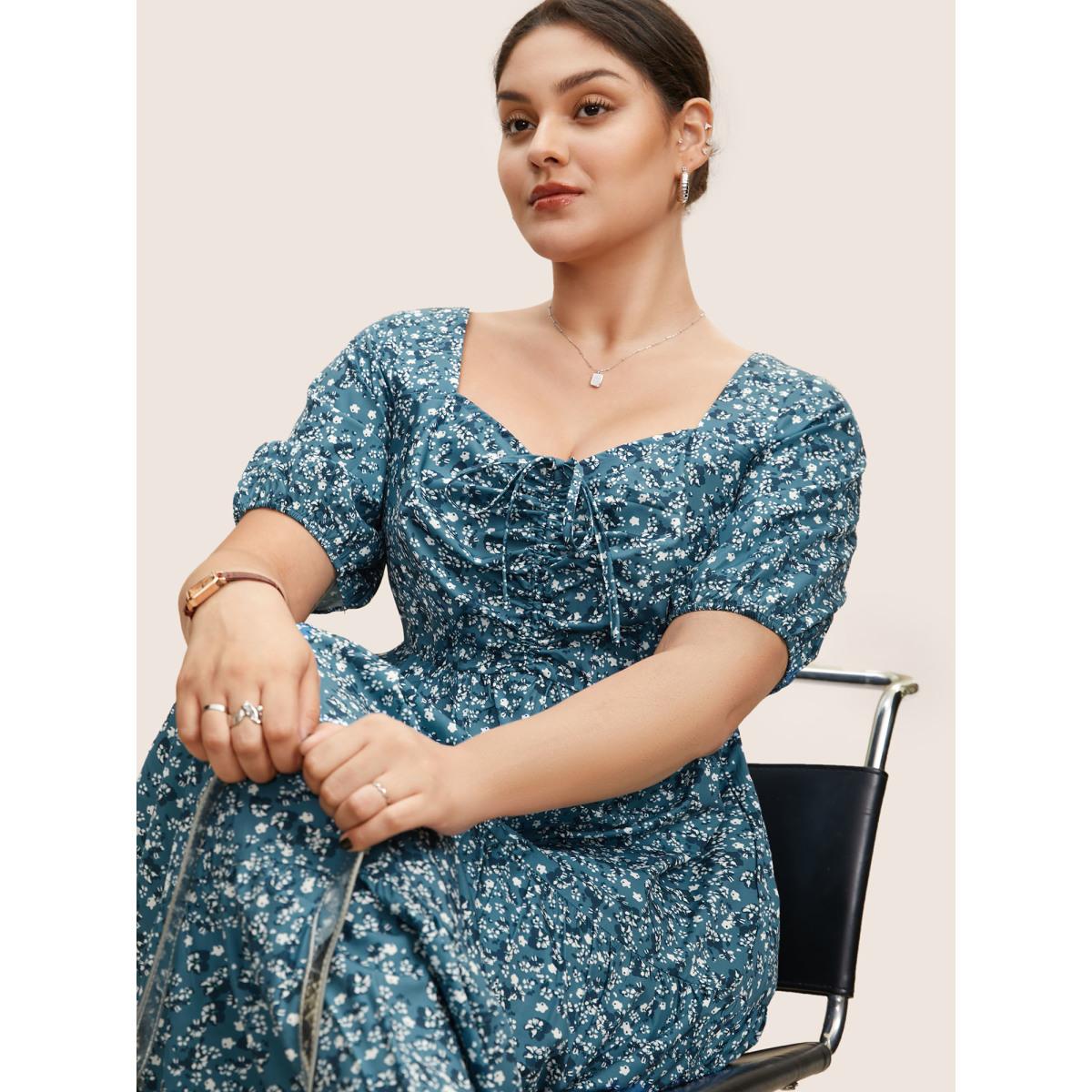 Plus Size Ditsy Floral Ruffle Tiered Pocket Ruched Puff Sleeve Drawstring Dress Cerulean Women Elegant Non Square Neck Short sleeve Curvy BloomChic 12/L Product Image