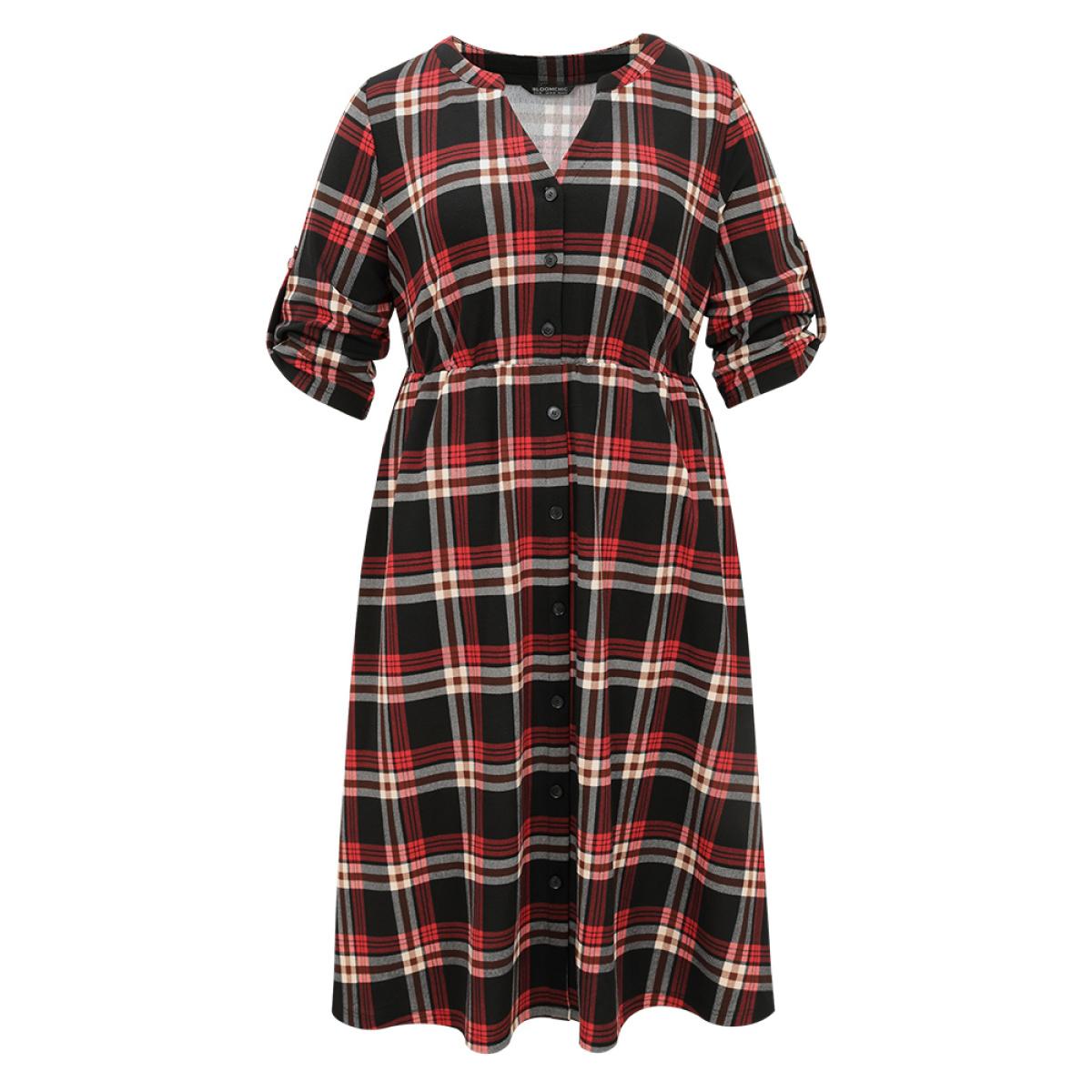 Plus Size Plaid Notched Elastic Waist Tab Sleeve Dress Raspberry Women Office Printed Notched collar Elbow-length sleeve Curvy Midi Dress BloomChic 12/L Product Image