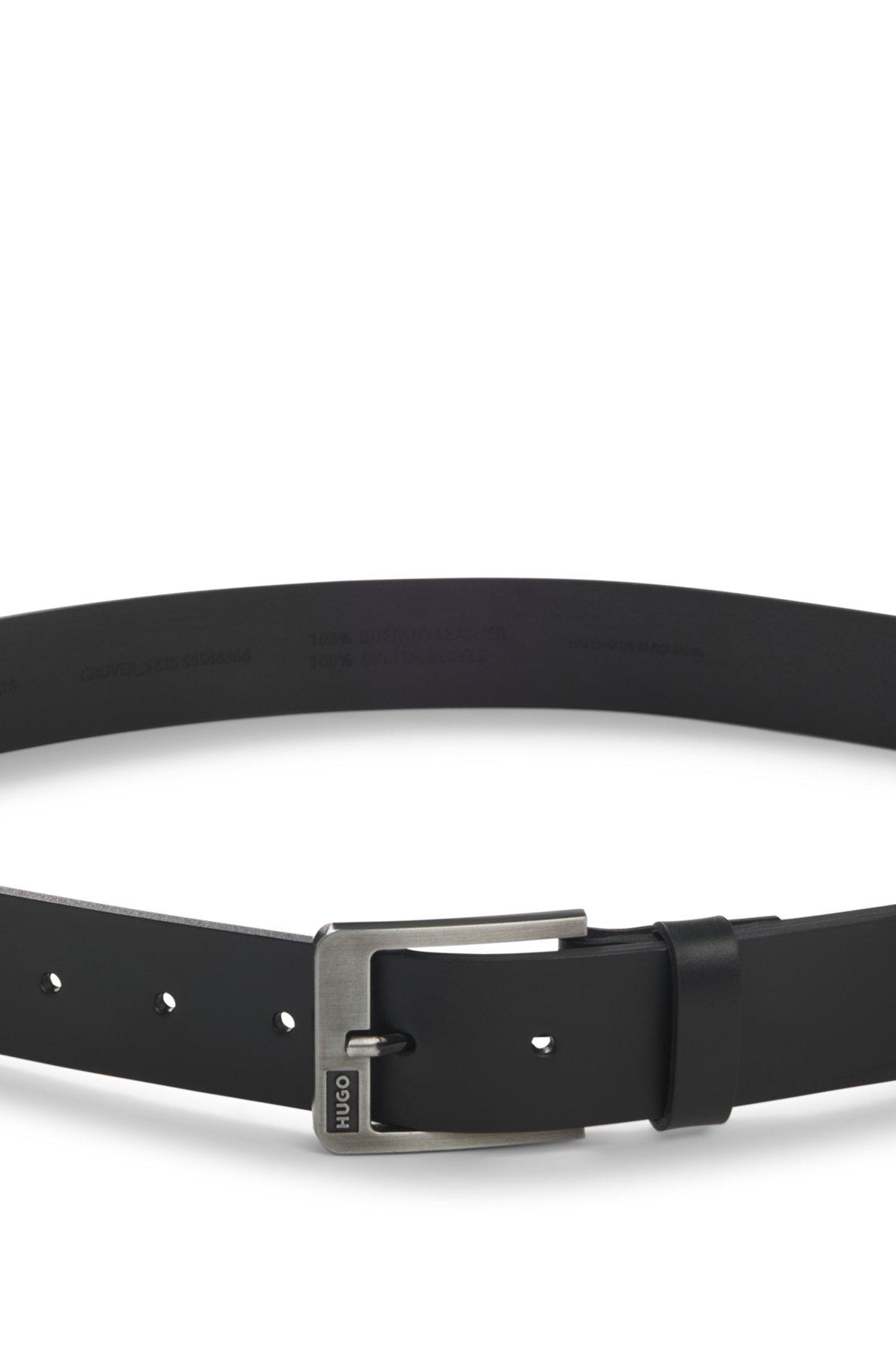 HUGO - Italian-leather belt with brushed logo buckle - Black Product Image