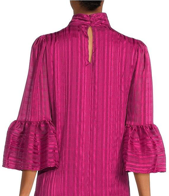 Calvin Klein 3/4 Bell Sleeve Mock Tie Neck Tiered Skirt Chiffon Shift Dress Product Image