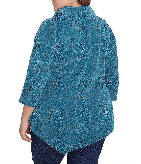 Ruby Rd. Plus Size Knit Faux Fois Bois Print Split Cowl Neck 3/4 Sleeve Asymmetric Hem Sweater Product Image
