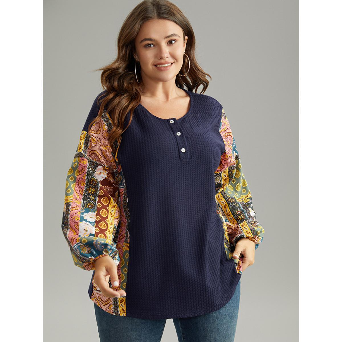 Plus Size Boho Print Button Up Patchwork Lantern Sleeve Sweatshirt DarkBlue Women Casual Elastic cuffs Bohemian Print Open Front Dailywear T-shirts BloomChic 28/5X Product Image