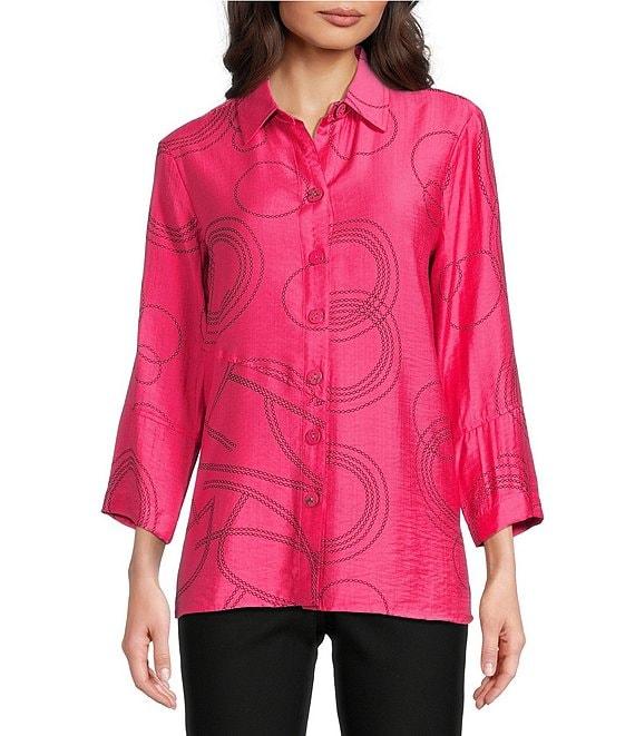 Ali Miles Petite Size Woven Geometric Print Point Collar 3/4 Sleeve Button Front Tunic Product Image