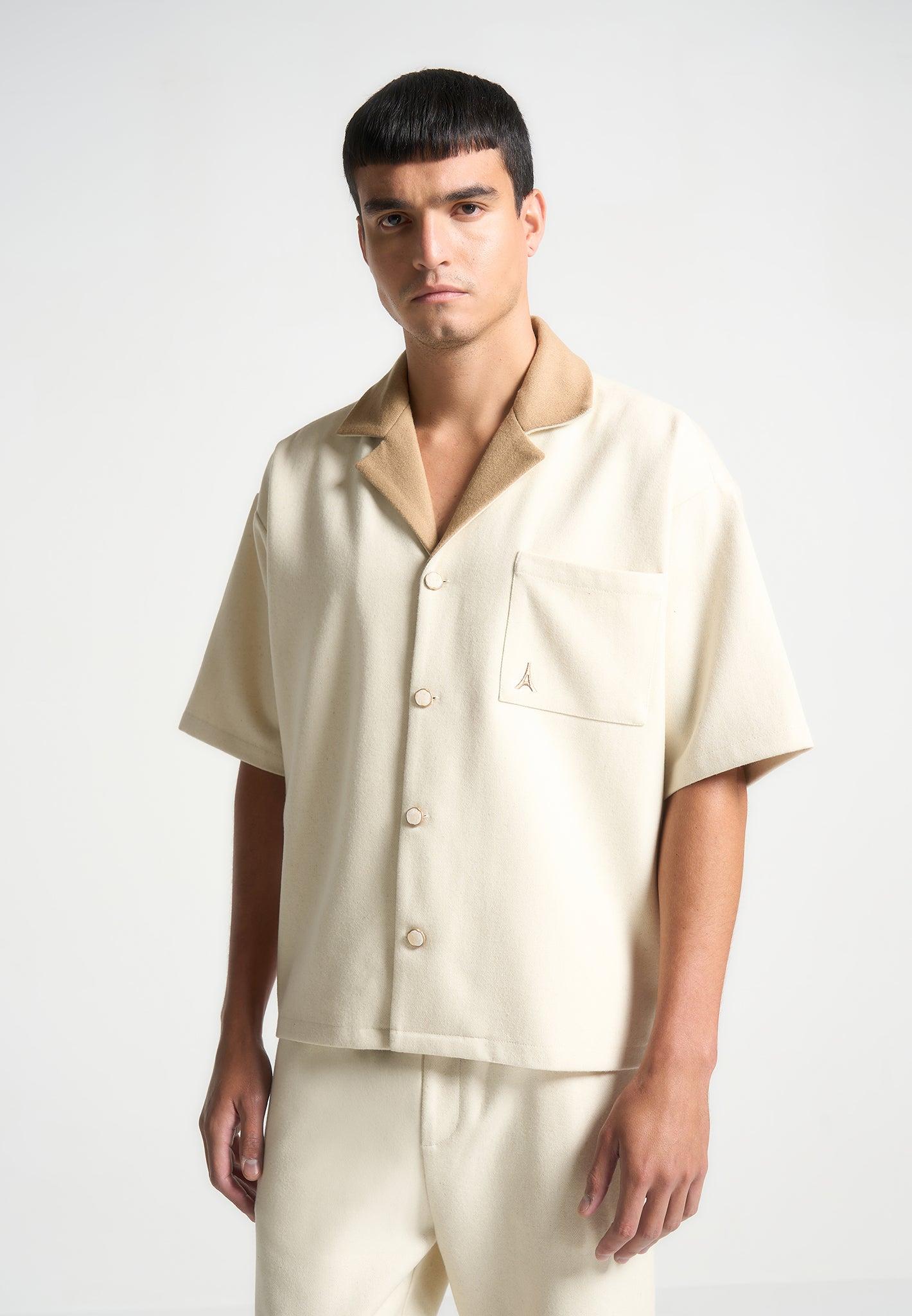 Boxy Wool Revere Shirt - Cream/Brown Male Product Image