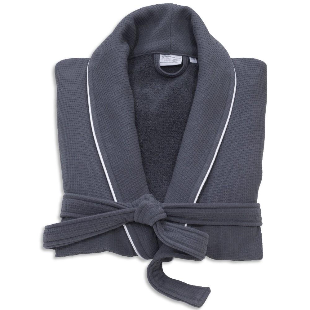 L/XL Waffle Terry Solid Bathrobe Dark Gray - Linum Home Textiles: 100% Cotton, Unisex, Shawl Collar, Machine Washable Product Image