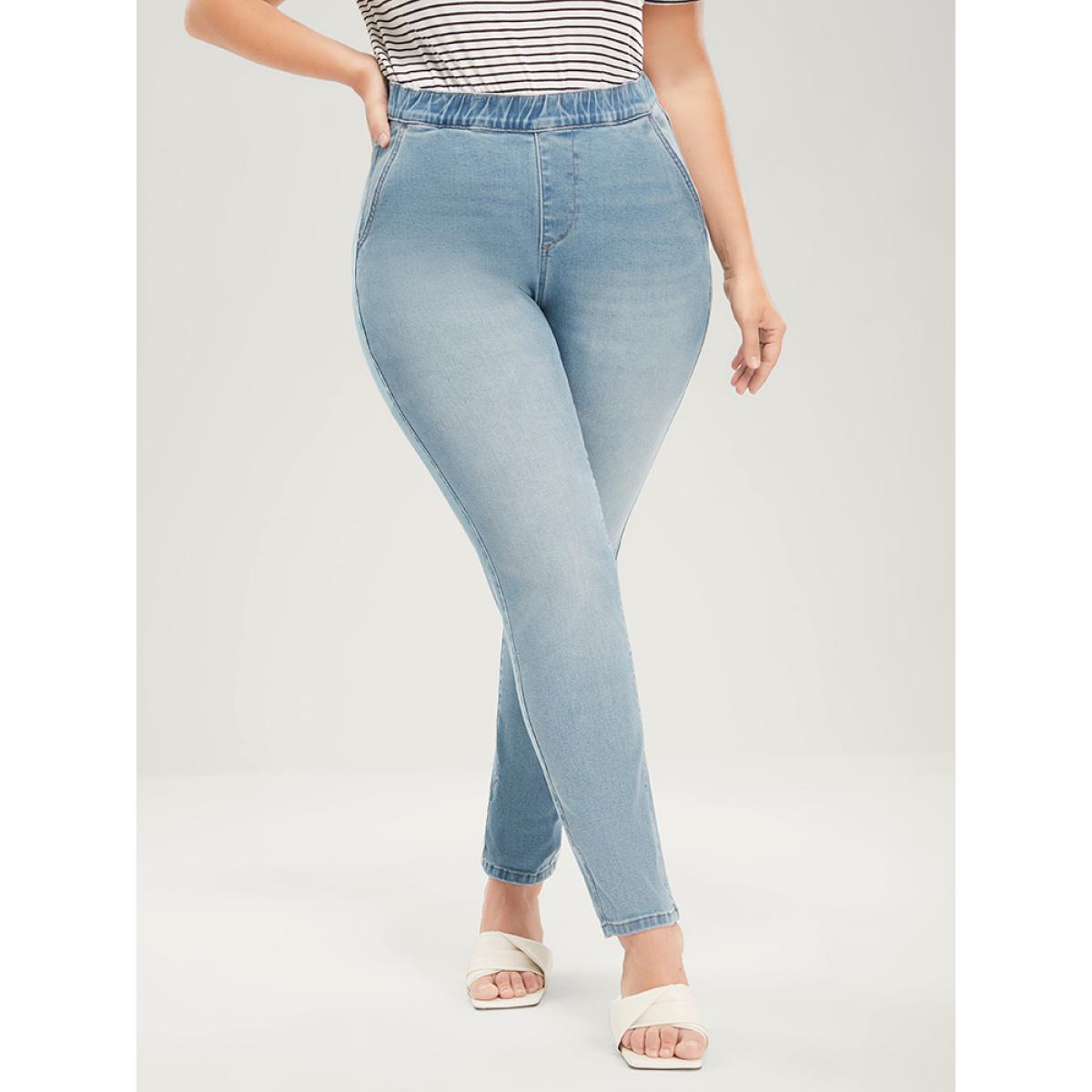 Plus Size Mom Jeans Straight Very Stretchy Mid Rise Light Wash Jeans Women Blue Casual Plain Elastic Waist High stretch Jeans BloomChic 14/1X Product Image