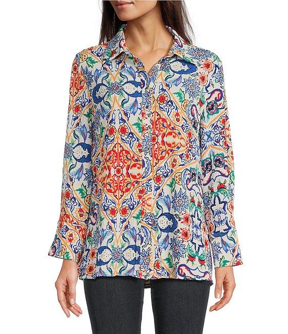 Calessa Florentine Mosaic Printed Textured Crinkle Spread Collar Long Sleeve Button Front Tunic Product Image