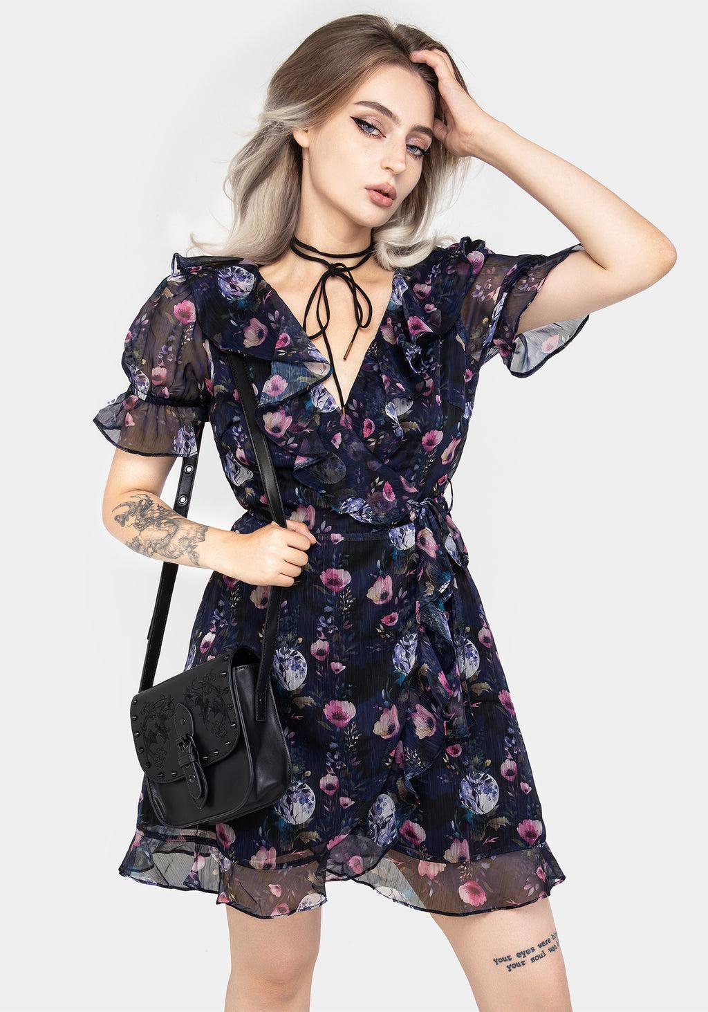 Socordia Floral Moon Chiffon Frill Wrap Mini Dress Product Image