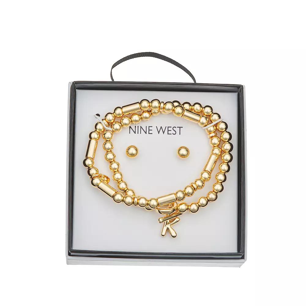 Nine West Gold Tone Initial Bracelet & Stud Earring Set, Women's, Gold Tone K Product Image