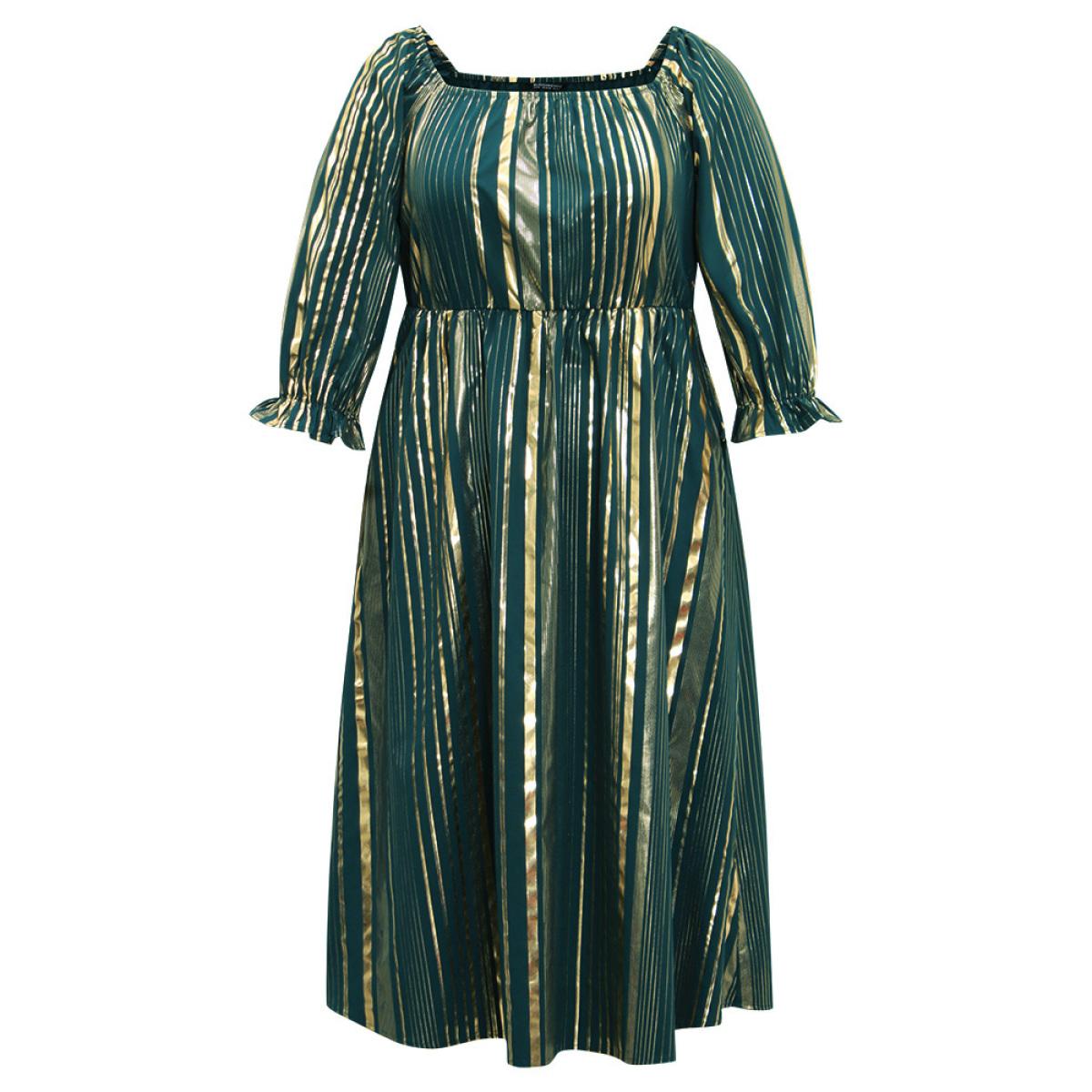 Plus Size Glitter Square Neck Pocket Elastic Waist Dress Cyan Women Party Gathered Square Neck Elbow-length sleeve Curvy Midi Dress BloomChic 10/M Product Image