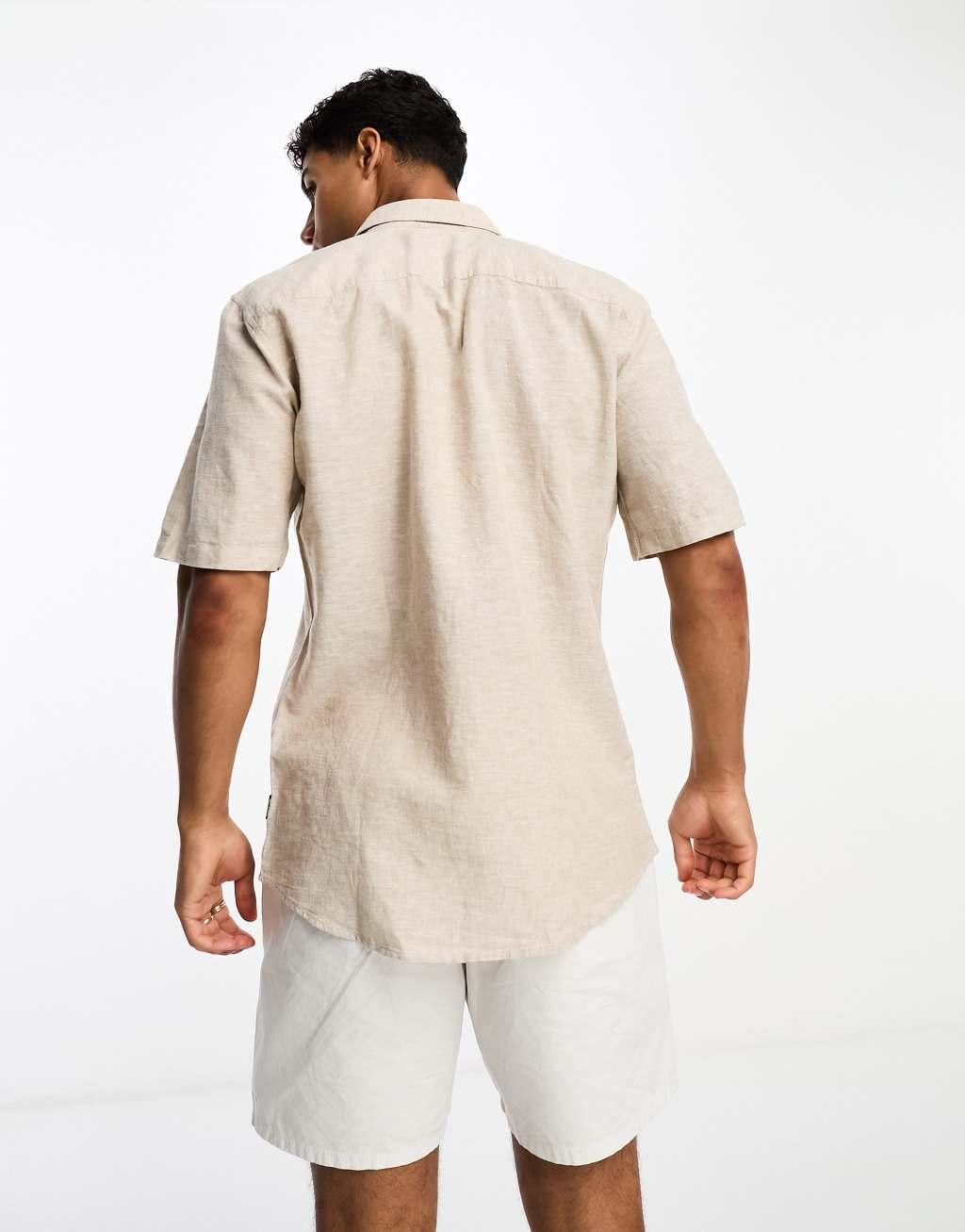 Only & Sons short sleeve linen blend shirt in beige Product Image