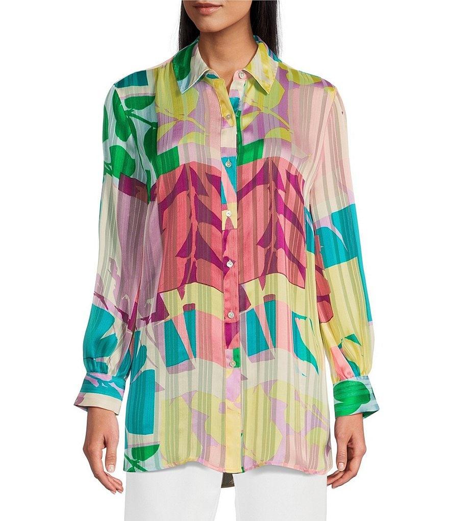 Investments Woven Multi Patch Floral Long Sleeve Point Collar Button Front Top Product Image