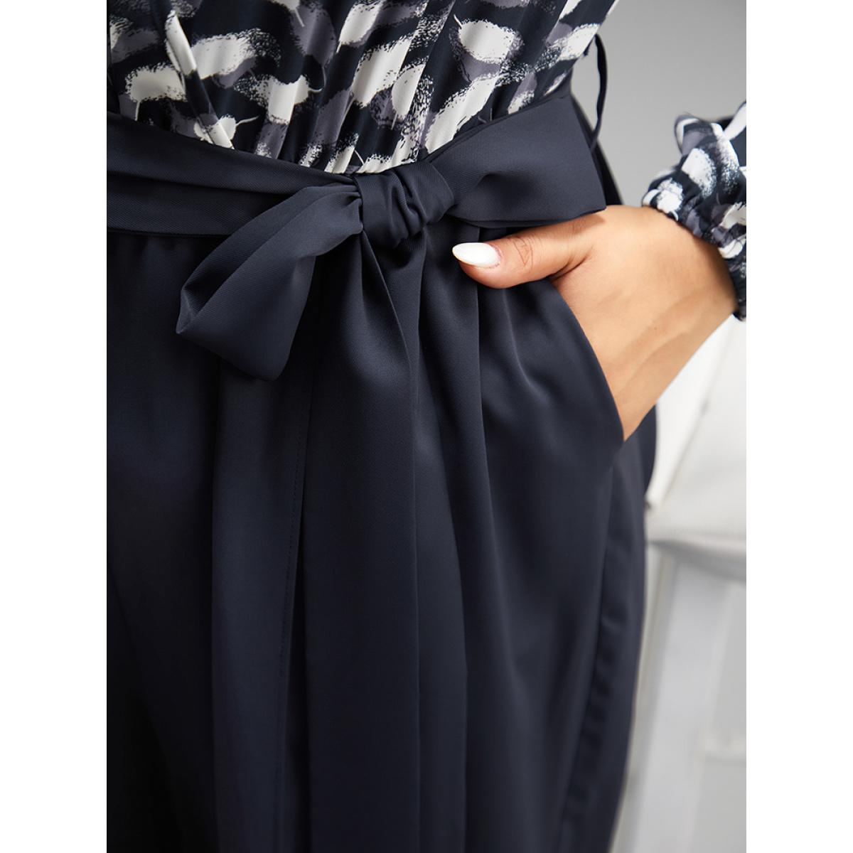 Plus Size Indigo Brush Print Patchwork Wrap Belted Jumpsuit Women Office Long Sleeve V-neck Festival-Christmas Loose Jumpsuits BloomChic 18-20/2X Product Image