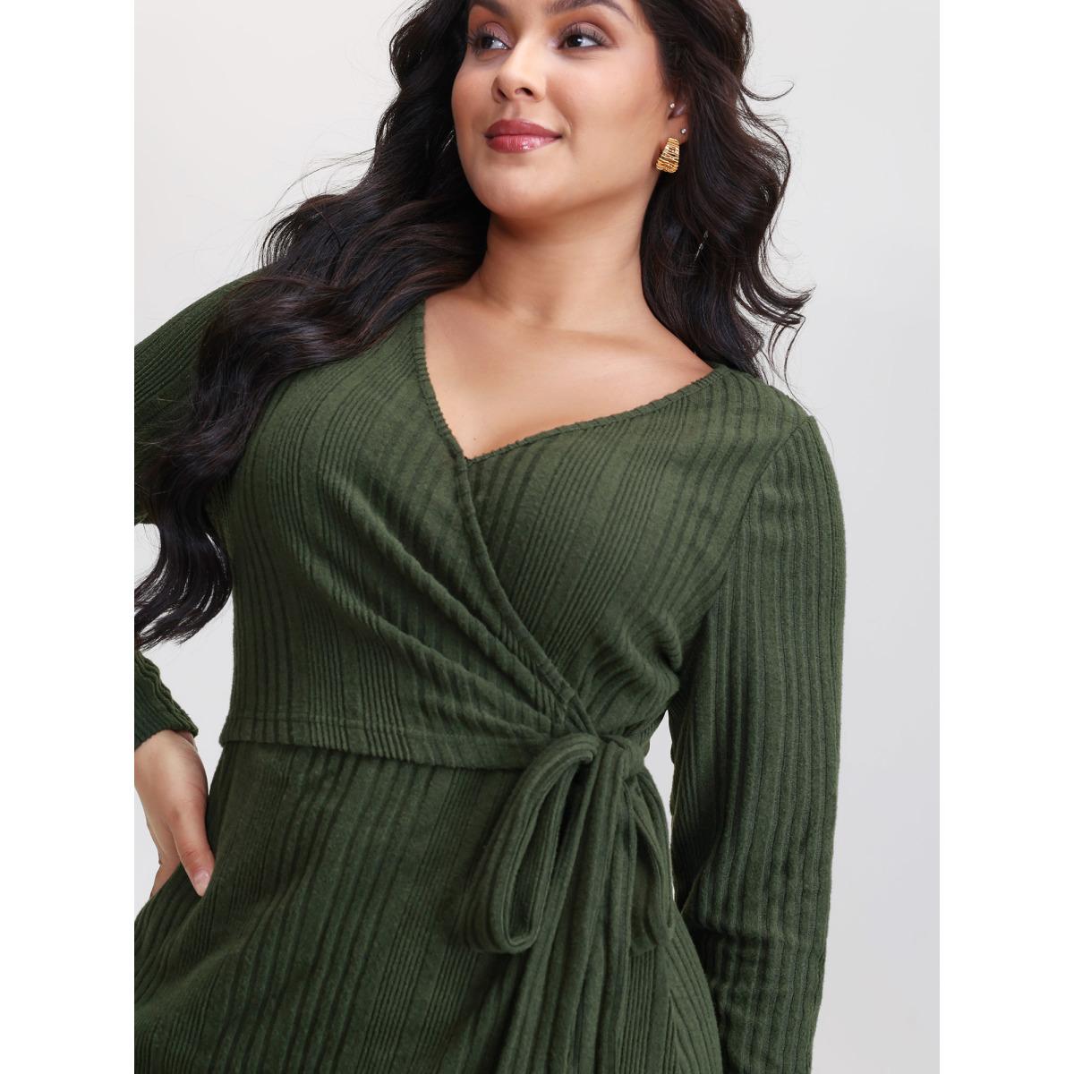 Plus Size Pit Strip Tie-Knot Slit Sheath Midi Dress ArmyGreen Women Timeless Overlapping Overlap Collar Extra Long Sleeve Curvy BloomChic 26/4X Product Image