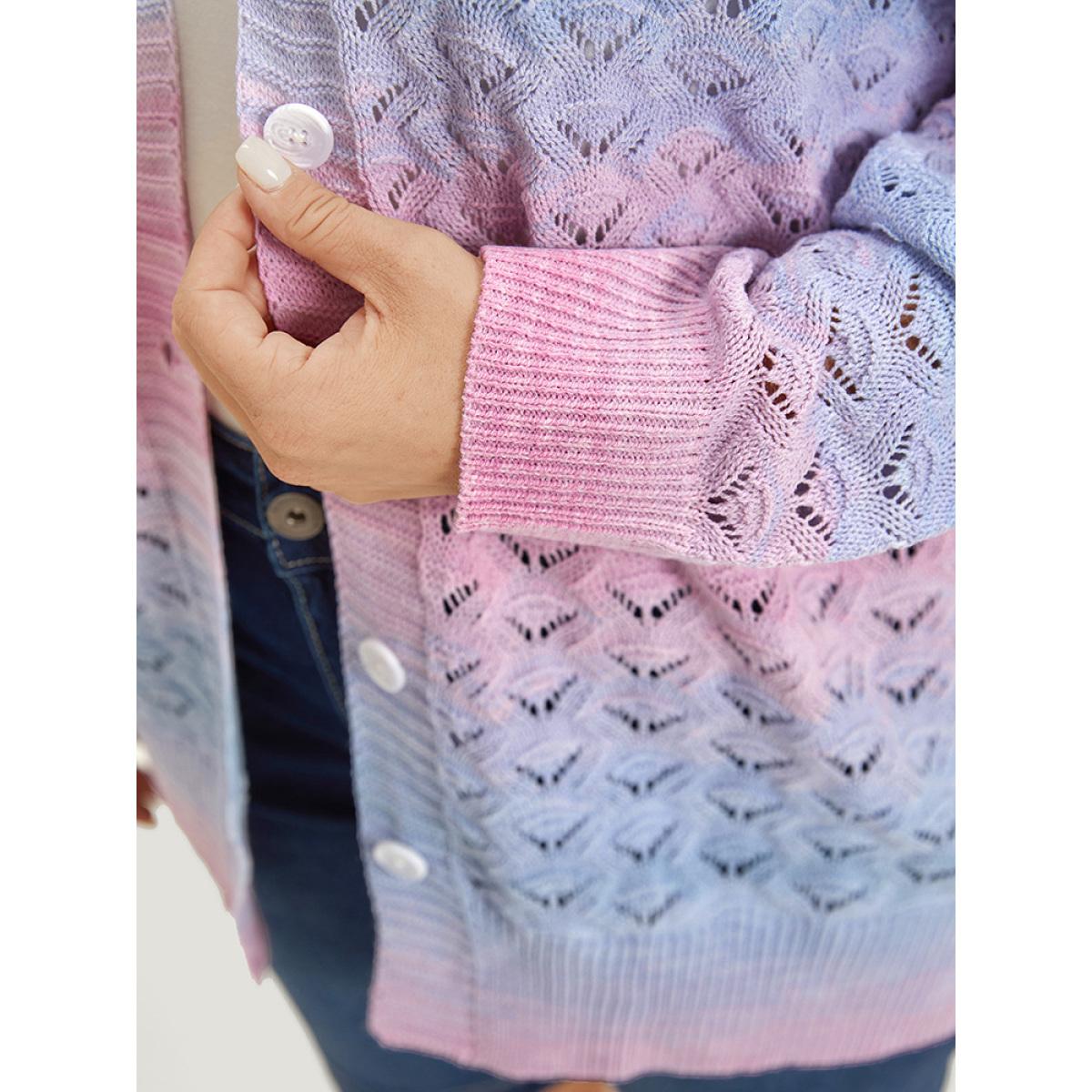 Plus Size Ombre Button Through Hollow Out Cardigan Multicolor Women Casual Loose Long Sleeve Dailywear Cardigans BloomChic 18-20/2X Product Image