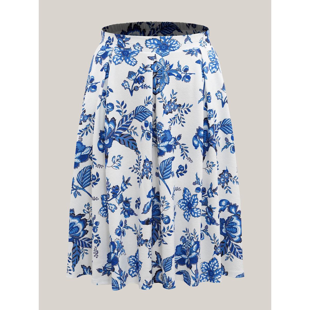 Plus Size Floral Print Flared Midi Skirt Women LightBlue Elegant Contrast Bodycon Low stretch Side seam pocket Everyday-Elegant Skirts BloomChic 10/M Product Image