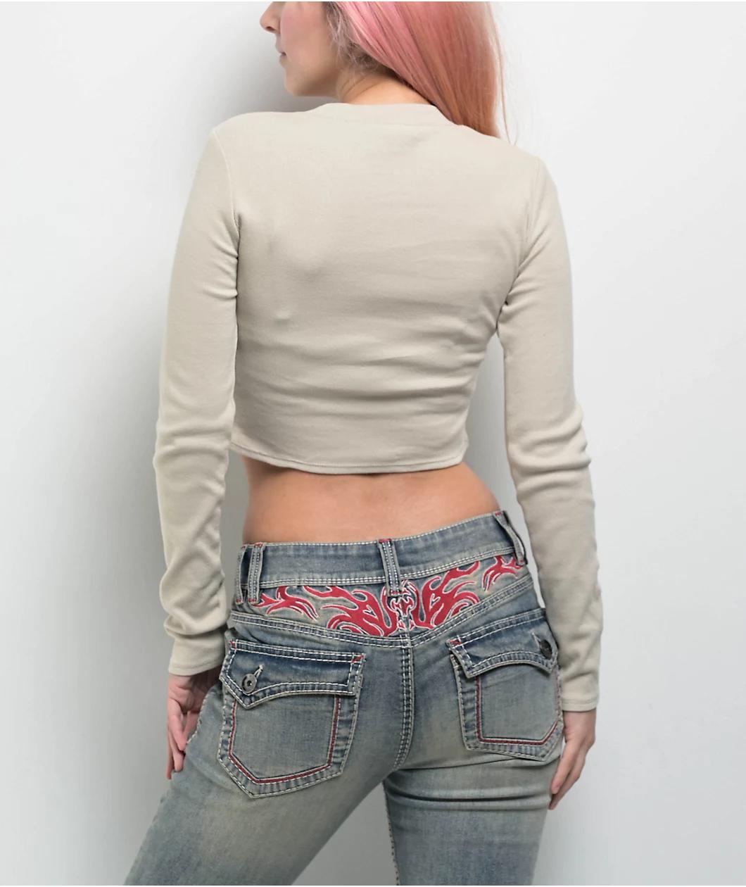 Ninth Hall Fundamentals Krystie Beige Cutout Long Sleeve Crop T-Shirt Product Image