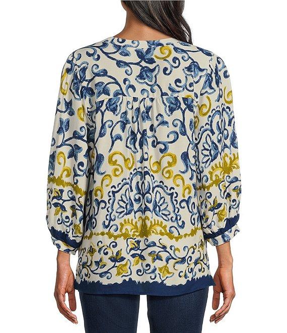 Figueroa & Flower Woven Border Print Banded Split V-Neck Long Sleeve Shirt Product Image
