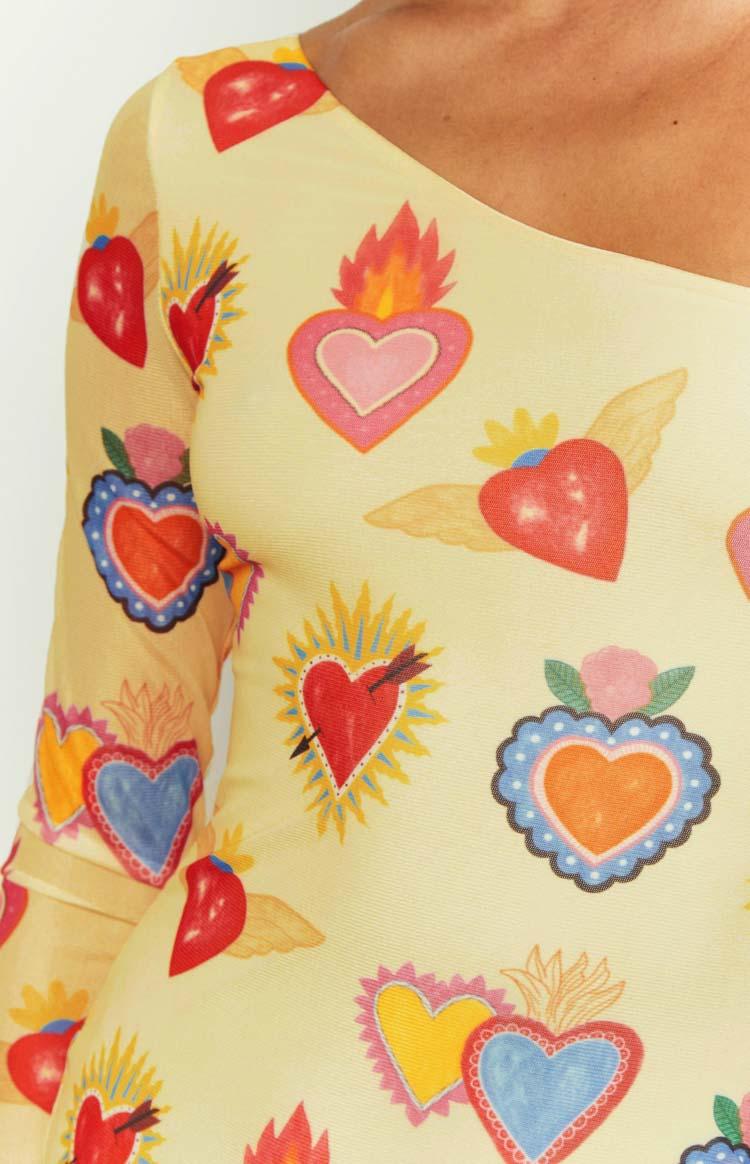 Wild At Heart Yellow Printed Mesh Long Sleeve Mini Dress Product Image