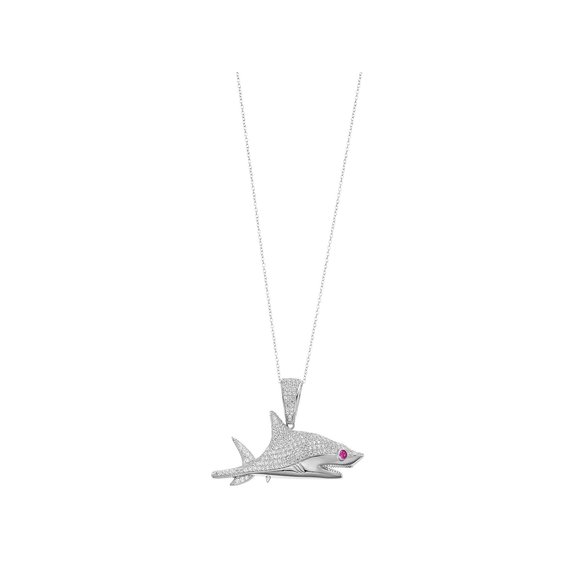 Sterling Silver Red Cubic Zirconia Shark Pendant Necklace, Womens Product Image