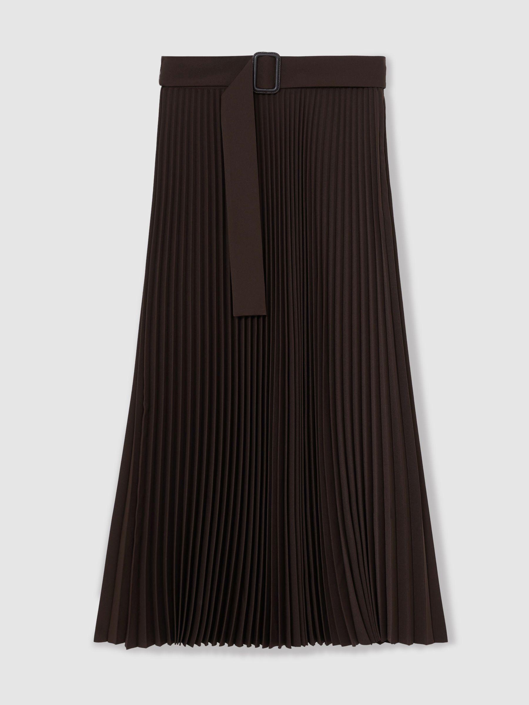 Pleated Belted Midi Skirt in Chocolate Brown Product Image