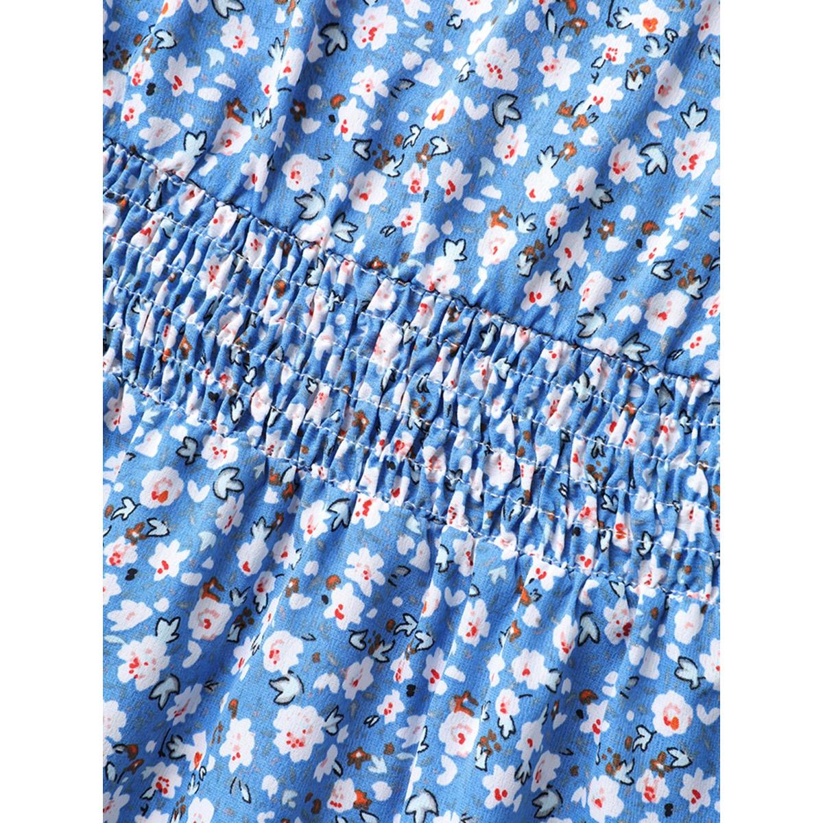 Plus Size Ditsy Floral Print Stretchy Waist Midi Dress Skyblue Women Notched collar Cap Sleeve Curvy BloomChic 22-24/3X Product Image