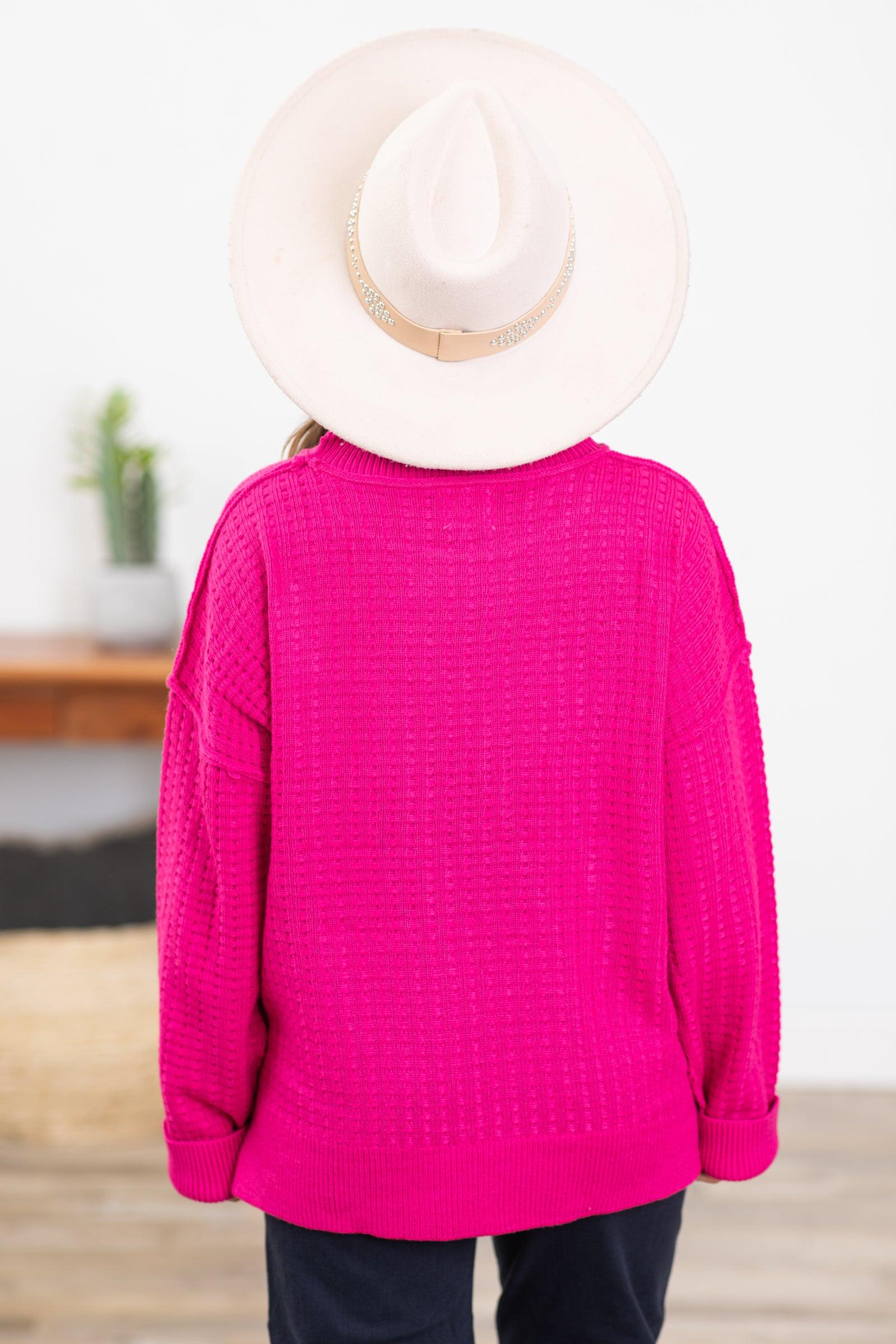 Fuchsia Waffle Drop Shoulder Slouchy Sweater Product Image