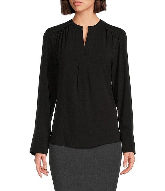 Calvin Klein Solid Crepe de Chine Split V-Neck Long Sleeve Blouse Product Image
