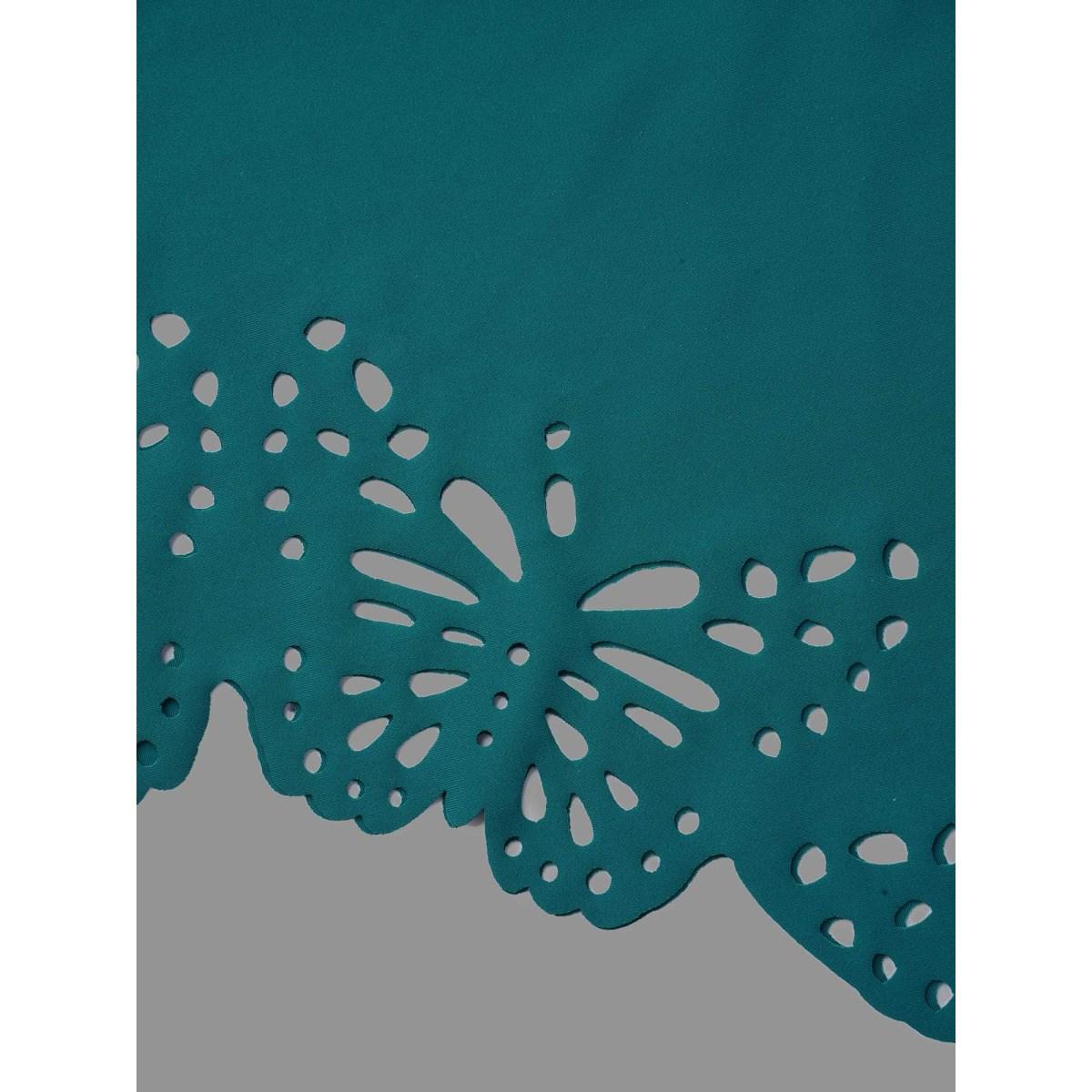 Plus Size Laser Cut Overlap Collar Waist-Cinched Swim Dress Women's Swimwear Cyan Beach Bodycon Overlap Collar High stretch Curve Swim Dresses BloomChic 10/M Product Image