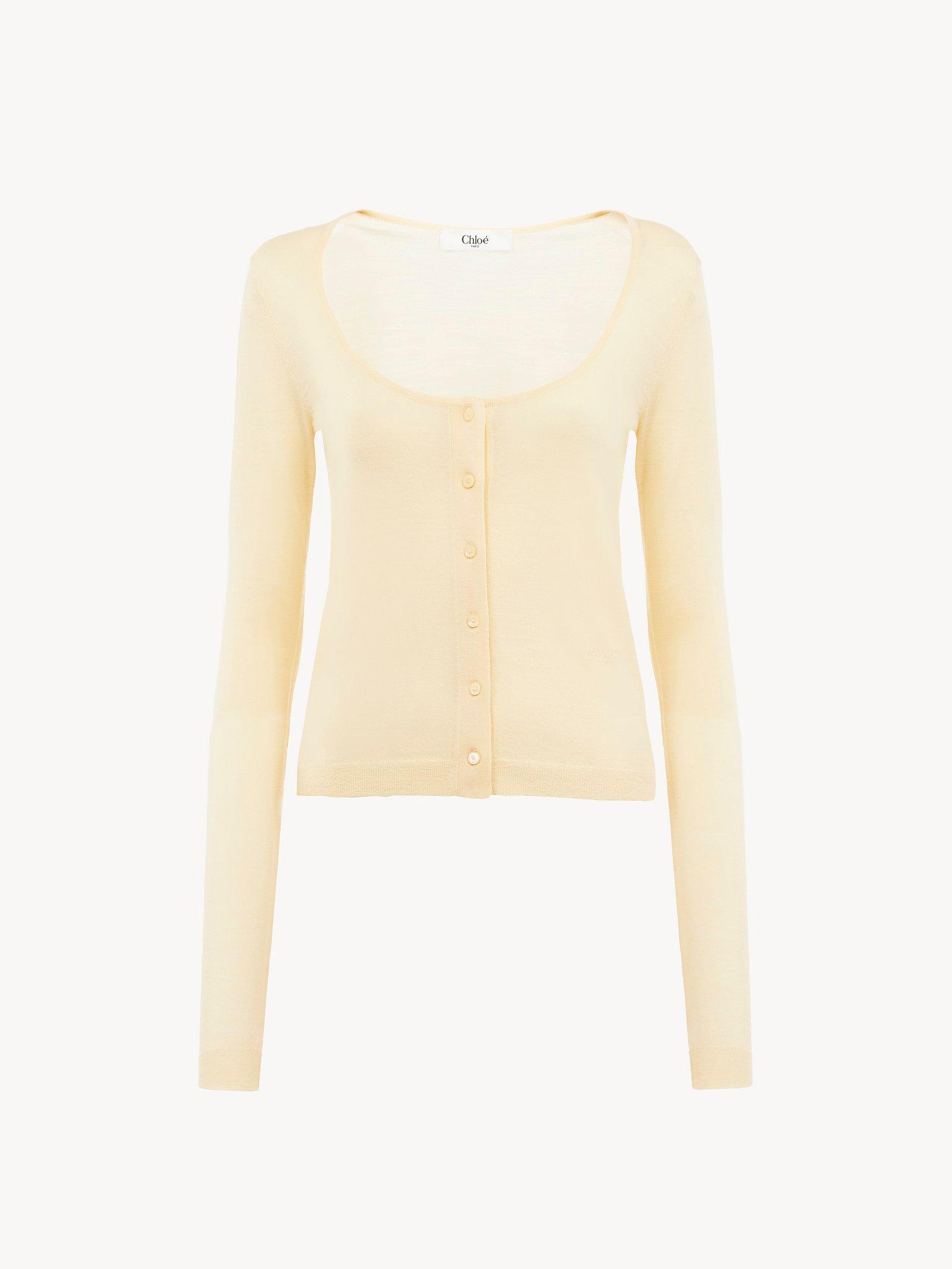 Scoop-neck fitted cardigan in superfine wool knit Product Image