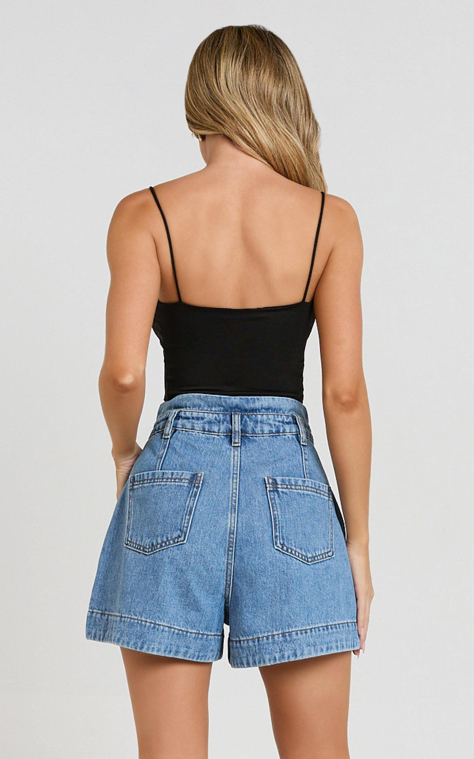 Kayla Shorts - High Waisted A Line Denim Shorts in Mid Blue Wash Product Image