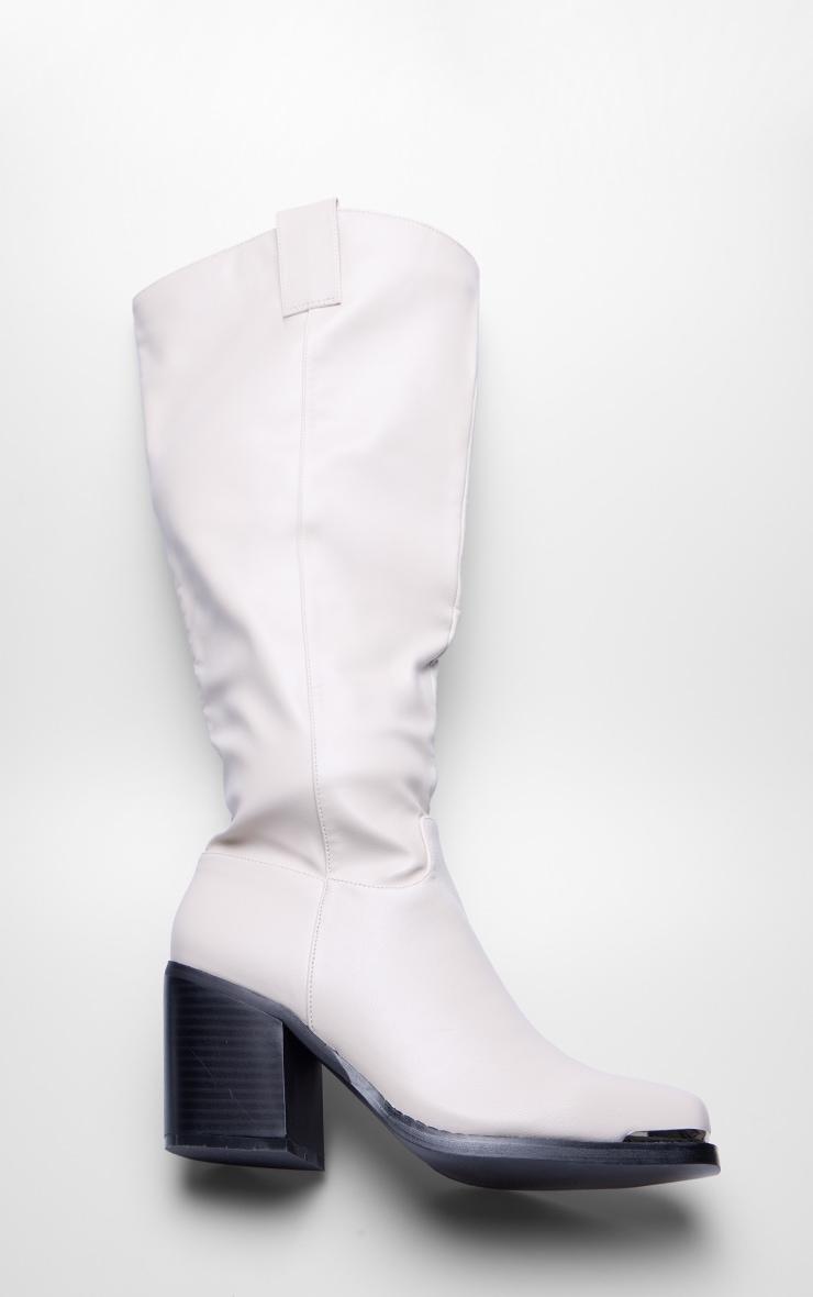 Beige Pu Square Toe Knee High Block Heeled Western Boots Product Image