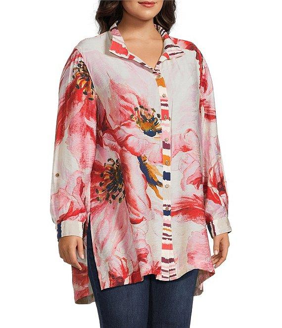 John Mark Plus Size Floral Wire Collar Long Roll-Tab Sleeve Hi-Low Hem Button-Front Tunic Product Image