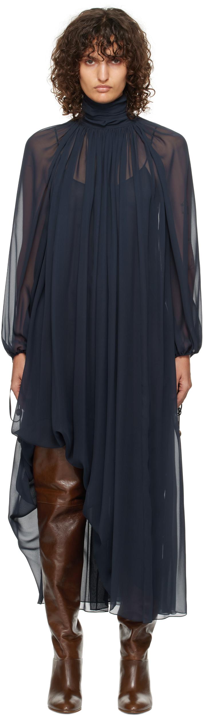 CHLOÉ Turtleneck Long-sleeve Swiss Dot Silk Maxi Dress In Black Product Image